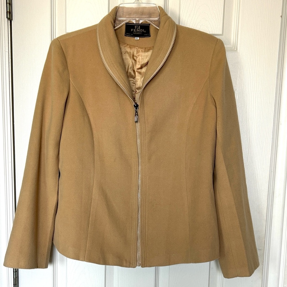 Fendi Women's Camel Zip-Front Cashmere Jacket XL